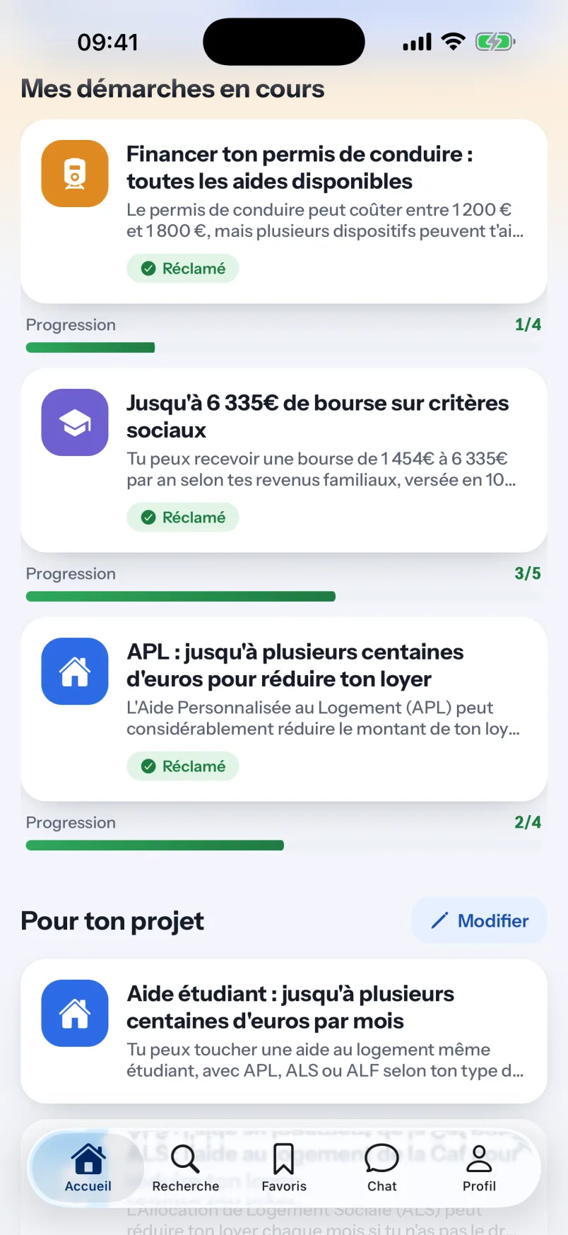 Aperçu de l'écran Mes démarches de l'app Mentor