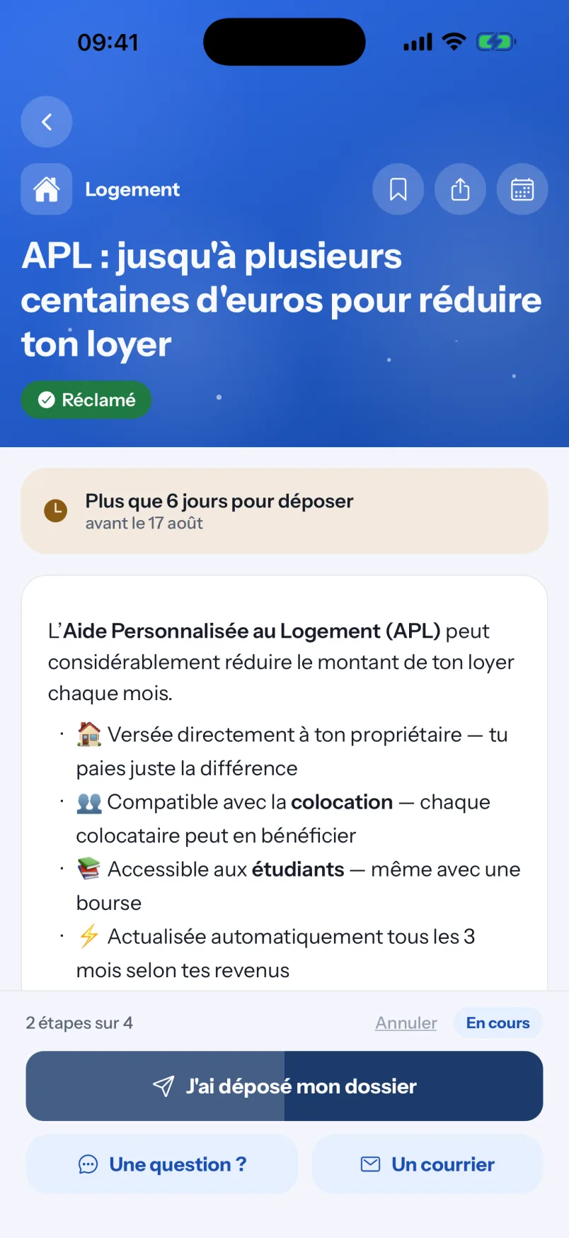 Aperçu de l'écran Mes échéances de l'app Mentor